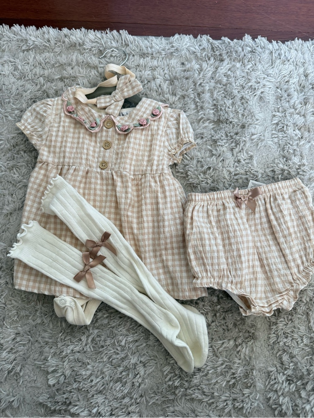 Gingham Baby Dress Set with Bloom Trim and Ribbed Socks